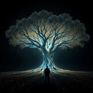 Concetto visivo della 'respirazione digitale' dell'arte, dove la natura e la tecnologia si fondono per ridefinire l'ambiente.