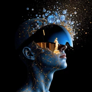 Illustrazione concettuale di un'esplorazione artistica immersiva attraverso la tecnologia della realtà virtuale.