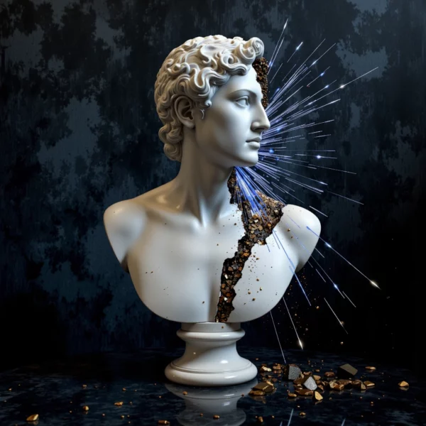 Un busto di marmo classico si frantuma sprigionando dalle crepe una luce blu e oro di dati digitali.