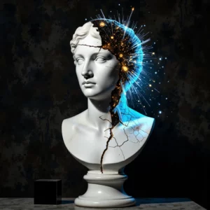 Lampi di energia blu e oro fuoriescono da una crepa su un busto di marmo raffigurante una donna.