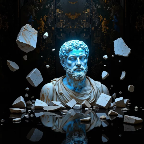 Frammenti di scultura in marmo antico fluttuano nell'oscurità, da cui emerge una proiezione olografica luminosa blu e oro della scultura completa.