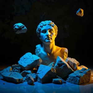 Frammenti di scultura in marmo antico fluttuano nell'oscurità, da cui emerge una proiezione olografica luminosa blu e oro della scultura completa.