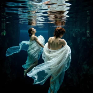 Due figure femminili in abiti trasparenti fluttuano elegantemente sott'acqua, con uno sfondo scuro roccioso. Rappresentano l'esplorazione artistica di nuove percezioni immersive.