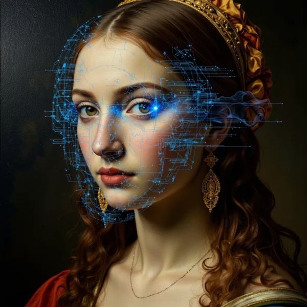 Dettaglio iperrealistico di un dipinto classico scansionato da un'interfaccia olografica blu e oro che ne illumina un'area.