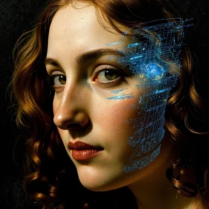 Dettaglio iperrealistico di un dipinto classico scansionato da un'interfaccia olografica blu e oro che ne illumina un'area