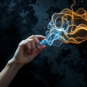 Una mano che plasma filamenti di energia digitale blu e oro in una forma astratta su sfondo scuro.