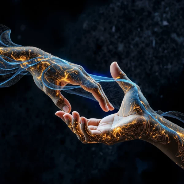 Due mani si connettono, avvolte da flussi luminosi di dati blu e oro su sfondo scuro.