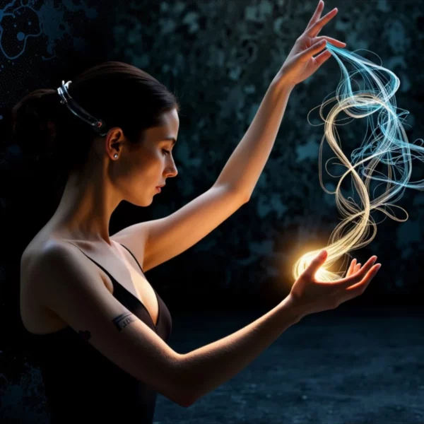 Una figura femminile che plasma flussi di energia luminosa con le mani,