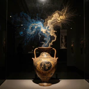 Un'antica anfora classica si dissolve nella parte superiore, trasformandosi in una nuvola luminosa di dati digitali blu e oro.