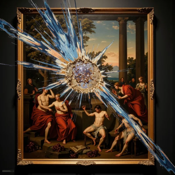 Un dipinto classico in un museo viene squarciato da un glitch digitale aggressivo, da cui erompono flussi di dati luminosi blu e oro.