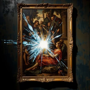 A classical museum painting is torn by an aggressive digital glitch, from which luminous blue and gold data streams erupt.