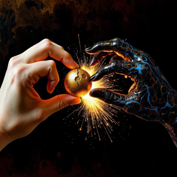 Mano umana e mano algoritmica lottano per un artefatto luminoso che emette esplosioni di dati blu e oro.