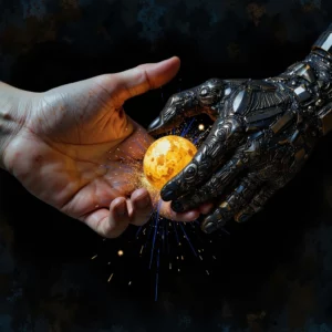 Mano umana e mano algoritmica lottano per un artefatto luminoso che emette esplosioni di dati blu e oro.