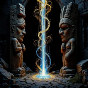 A luminous bridge of blue and gold data connects an ancient Indigenous totem to a futuristic architectural structure.