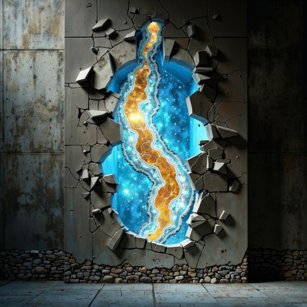 A textured urban wall fractures, revealing a luminous core of blue and gold digital data and organic papercraft forms.