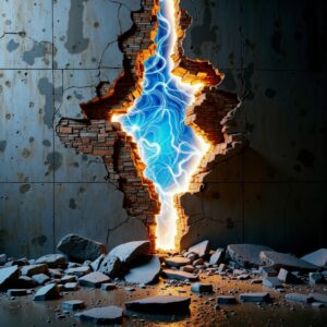 A textured urban wall fractures, revealing a luminous core of blue and gold digital data and organic papercraft forms.