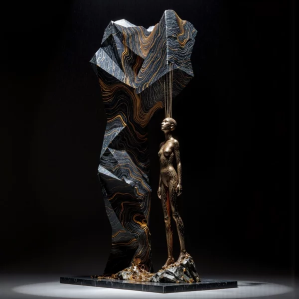 Una scultura umana in bronzo è sovrastata dall'ombra di una massiccia struttura digitale geometrica, illuminata da flussi di dati blu e oro.