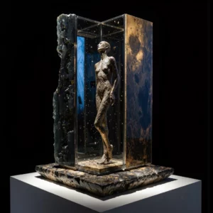 Una scultura umana in bronzo è sovrastata dall'ombra di una massiccia struttura digitale geometrica, illuminata da flussi di dati blu e oro.