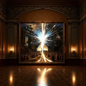 Un dipinto a olio classico nella galleria di un museo viene lacerato da una breccia luminosa e intermittente di flussi di dati blu e oro.