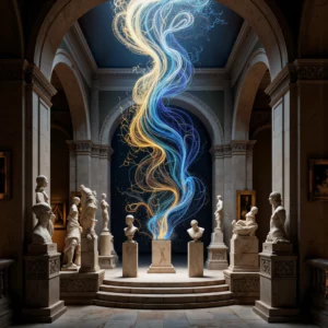 A massive, pulsating entity of blue and gold AI data fills a classical museum hall, enveloping and transforming ancient sculptures and paintings with digital light.