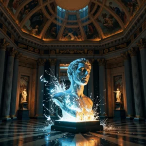 Un busto di marmo classico si sgretola in particelle di dati all'interno di una galleria museale in frammentazione, sostituito da un'entità di intelligenza artificiale luminosa su un piedistallo. L'intera scena è visualizzata attraverso un'interfaccia di realtà aumentata con lenti a contatto intelligenti e sovrapposizioni di dati.