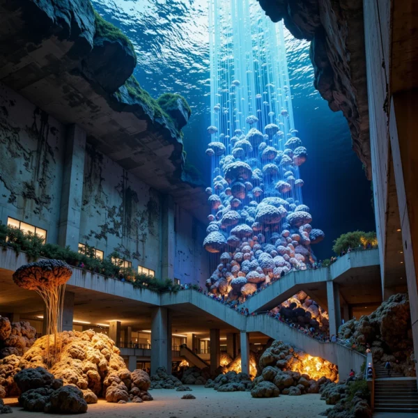 A submerged brutalist airport terminal structure merges with an underwater sculpture park, where bioluminescent blue and gold corals and glowing digital data streams engulf concrete,