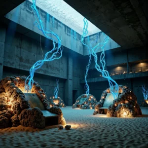 A submerged brutalist airport terminal structure merges with an underwater sculpture park, where bioluminescent blue and gold corals and glowing digital data streams engulf concrete.