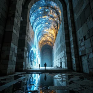 Una monumentale architettura brutalista di cemento e pietra si dissolve, trasformandosi in un tunnel immersivo di vorticosi flussi di dati blu e oro. Figure umane in silhouette osservano la trasformazione dall'interno.
