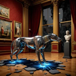 Un surreale cane robotico che emana luce blu e oro, si trova al centro di un lussuoso stand fieristico tradizionale, circondato da dipinti classici in cornici dorate.