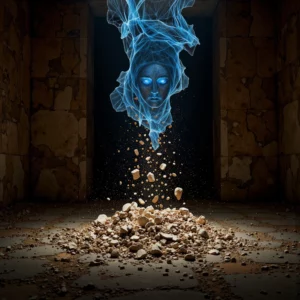 Una visualizzazione concettuale in un ambiente oscuro mostra migliaia di frammenti di un antico affresco che vengono sollevati e ricomposti da flussi di luce algoritmica blu e oro