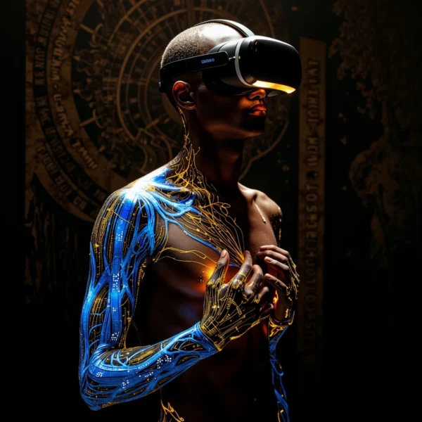 Un'immagine concettuale in stile chiaroscuro mostra una figura umana fusa organicamente con tecnologia luminosa blu e oro che rappresenta una blockchain nel petto e nel braccio, mentre indossa un visore AR che proietta ologrammi di dati e arte.
