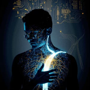 Un'immagine concettuale in stile chiaroscuro mostra una figura umana fusa organicamente con tecnologia luminosa blu e oro che rappresenta una blockchain nel petto e nel braccio, mentre indossa un visore AR che proietta ologrammi di dati e arte.