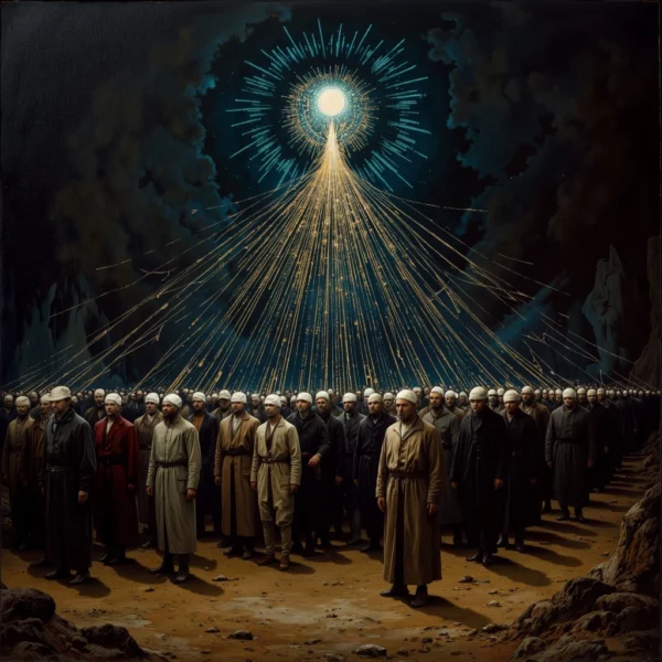 A chiaroscuro conceptual image depicts a marching crowd resembling "The Fourth Estate" painting, but the figures are fitted with glowing neural interfaces emitting visible streams of blue and gold ultrasound data, connecting their minds into a collective network.