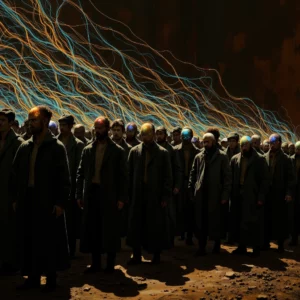 A chiaroscuro conceptual image depicts a marching crowd resembling "The Fourth Estate" painting, but the figures are fitted with glowing neural interfaces emitting visible streams of blue and gold ultrasound data, connecting their minds into a collective network.