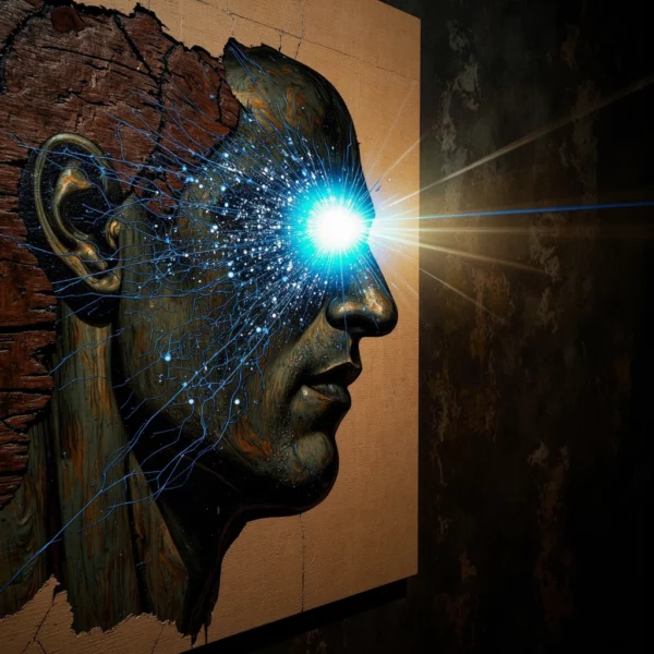 Un'immagine concettuale in chiaroscuro mostra un antico dipinto rinascimentale analizzato da un'interfaccia ottica futuristica. La luce blu e oro della tecnologia fa esplodere gli strati di vernice in wireframe olografici e dati microscopici, rivelando una dimensione digitale nascosta.