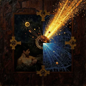 Un'immagine concettuale in chiaroscuro mostra un antico dipinto rinascimentale analizzato da un'interfaccia ottica futuristica. La luce blu e oro della tecnologia fa esplodere gli strati di vernice in wireframe olografici e dati microscopici, rivelando una dimensione digitale nascosta.