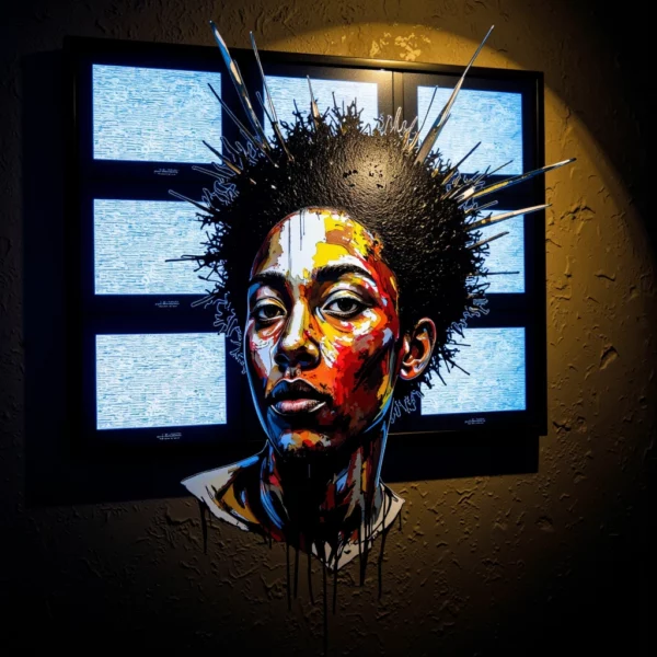 Un'immagine concettuale in chiaroscuro mostra un volto in stile graffiti grezzo e vibrante dipinto sopra un muro di monitor di sorveglianza CCTV tremolanti; dagli schermi emanano onde sonore visibili e glitch digitali.