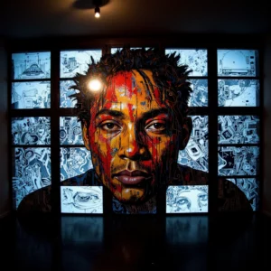 Un'immagine concettuale in chiaroscuro mostra un volto in stile graffiti grezzo e vibrante dipinto sopra un muro di monitor di sorveglianza CCTV tremolanti; dagli schermi emanano onde sonore visibili e glitch digitali.