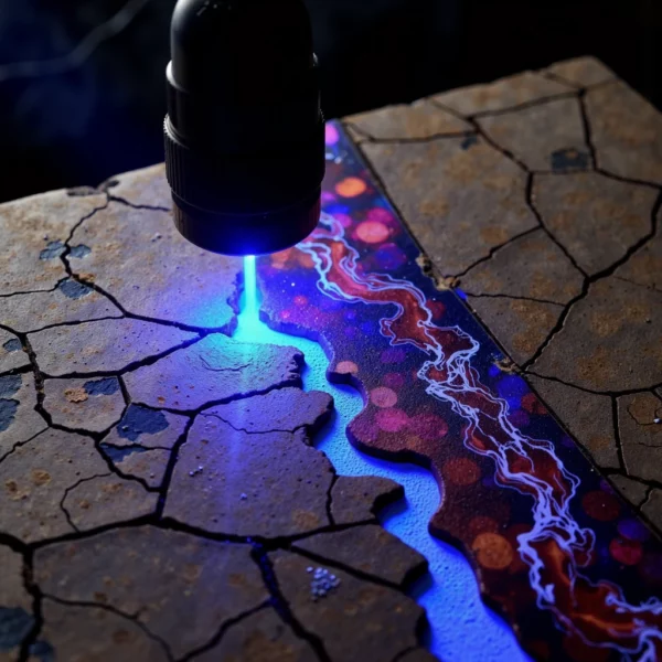 Un'immagine concettuale in macro mostra un antico micromosaico coperto di polvere che viene "pulito" da un raggio laser; la scia del laser rivela un profondo ecosistema virtuale olografico e luminoso all'interno della materia antica.