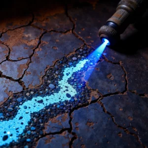 Un'immagine concettuale in macro mostra un antico micromosaico coperto di polvere che viene "pulito" da un raggio laser; la scia del laser rivela un profondo ecosistema virtuale olografico e luminoso all'interno della materia antica.