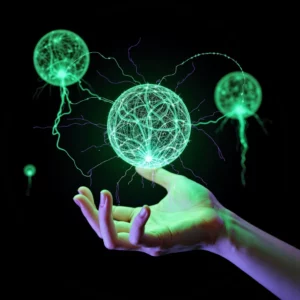 Un'immagine concettuale in chiaroscuro mostra una mano umana che interagisce con un'intricata interfaccia AR olografica (stile cyberpunk/anime) intrecciata con radici organiche, mentre monoliti di dati fluttuano in uno sfondo spaziale scuro.