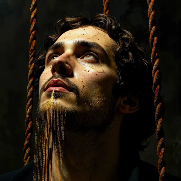 Un'immagine concettuale in chiaroscuro mostra un volto simile all'Ecce Homo di Antonello da Messina, sospeso da cavi industriali arrugginiti. Sulla bocca, un'interfaccia tecnologica trasforma il "parlato silenzioso" in flussi di codice e testo olografico dorato.