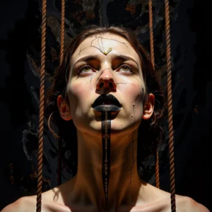 Un'immagine concettuale in chiaroscuro mostra un volto simile all'Ecce Homo di Antonello da Messina, sospeso da cavi industriali arrugginiti. Sulla bocca, un'interfaccia tecnologica trasforma il "parlato silenzioso" in flussi di codice e testo olografico dorato.