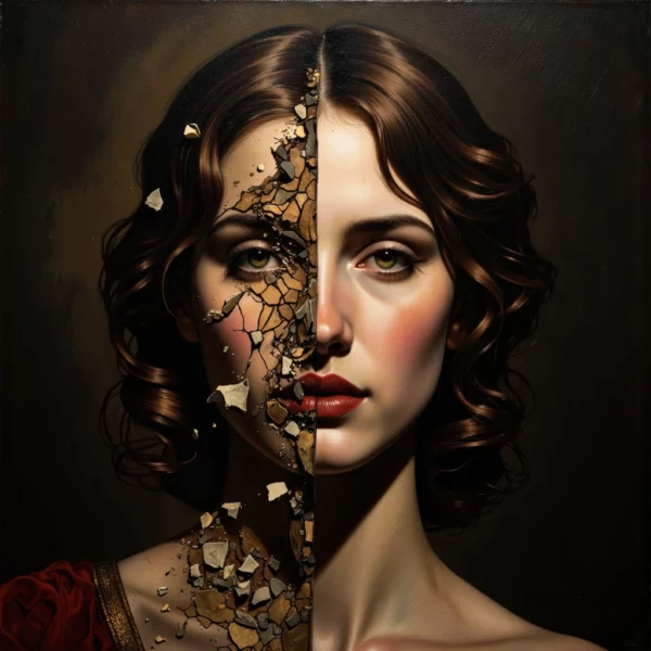 Un'immagine concettuale in chiaroscuro mostra un ritratto classico in perfetto stile Caravaggio, illuminato da una luce dorata. Metà dell'opera si frattura in frammenti geometrici di Op Art (stile Vasarely) che si sgretolano in polvere e poligoni digitali, simboleggiando il contrasto tra la cura dell'antico e l'abbandono del moderno.