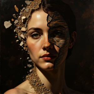 Un'immagine concettuale in chiaroscuro mostra un ritratto classico in perfetto stile Caravaggio, illuminato da una luce dorata. Metà dell'opera si frattura in frammenti geometrici di Op Art (stile Vasarely) che si sgretolano in polvere e poligoni digitali, simboleggiando il contrasto tra la cura dell'antico e l'abbandono del moderno.