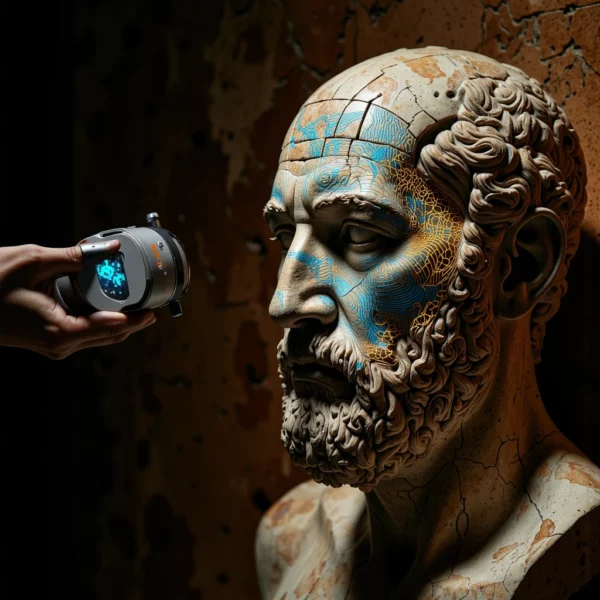 Un'immagine concettuale in chiaroscuro mostra un antico busto in marmo di un filosofo analizzato da uno strumento robotico avanzato. L'intelligenza artificiale proietta wireframe geometrici e griglie topografiche luminose per calcolarne il volume e la massa, fondendo il peso dell'arte antica con la precisione digitale.