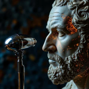 Un'immagine concettuale in chiaroscuro mostra un antico busto in marmo di un filosofo analizzato da uno strumento robotico avanzato. L'intelligenza artificiale proietta wireframe geometrici e griglie topografiche luminose per calcolarne il volume e la massa, fondendo il peso dell'arte antica con la precisione digitale.