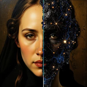 Un'immagine concettuale in chiaroscuro mostra un classico ritratto a olio in stile Rembrandt che si fonde con del catrame nero, denso e lucido. Raggi laser luminosi e ologrammi ad alta tecnologia scansionano i materiali, rivelando dati digitali e wireframe sotto la pittura antica.