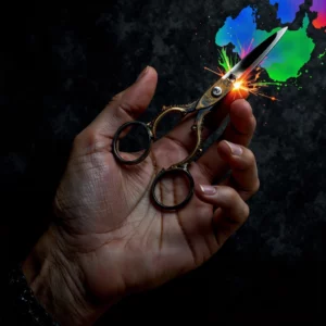 Un'immagine concettuale in chiaroscuro mostra una mano anziana e materica che compie un gesto "pinch" tipico della VR, stringendo delle antiche forbici di ferro. Dal taglio nell'oscurità esplodono forme astratte e vivaci in stile Matisse, composte da luce olografica AR e dati digitali, simboleggiando la tecnologia che supera i limiti fisici.